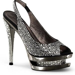 Pleaser Silver Crystal Slingback Platform Heels